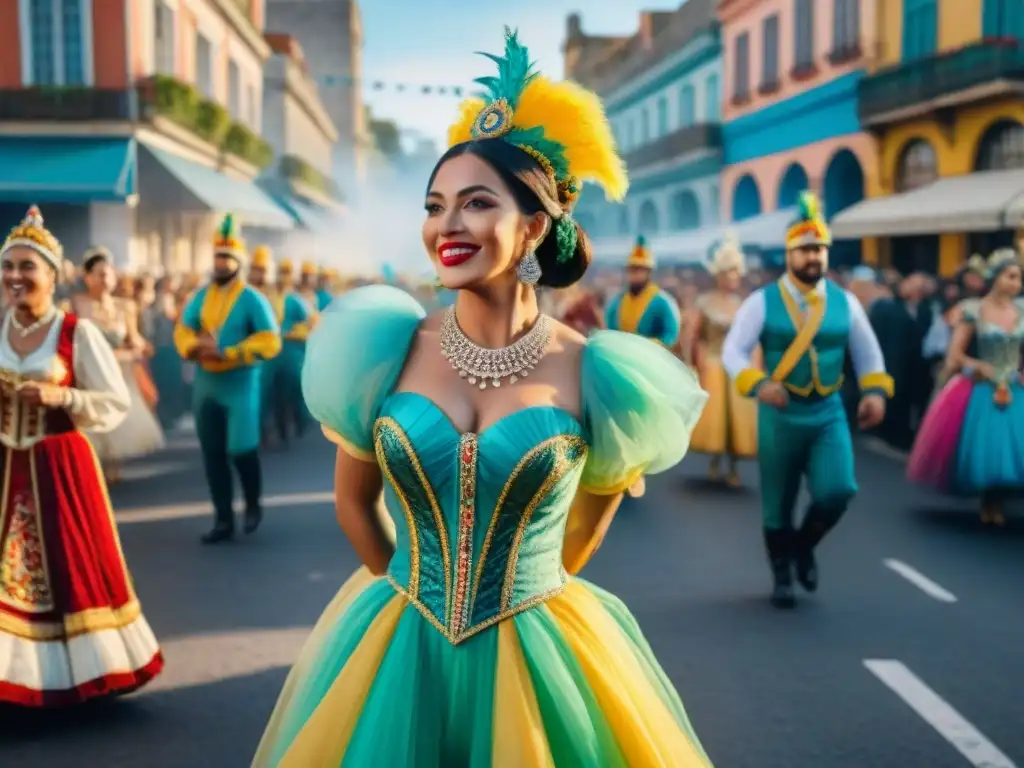 Una pintura acuarela detallada del vibrante desfile de Carnaval en Uruguay durante la época dorada, destacando diseños y patrones de vestuario