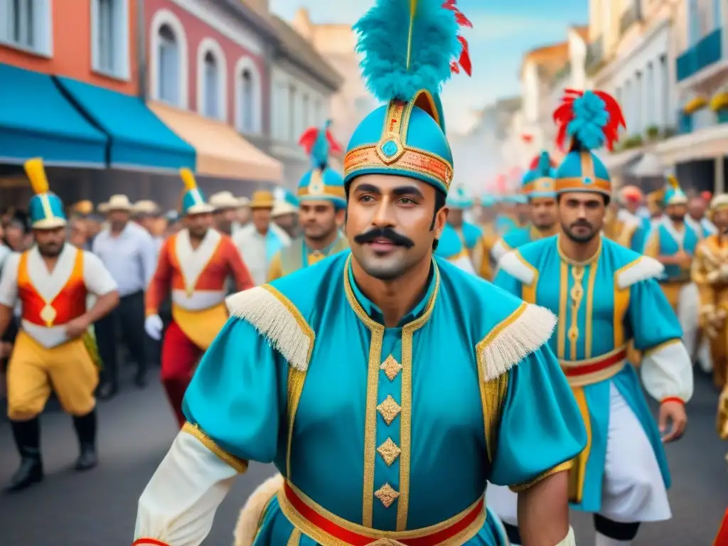 Una pintura detallada de un vibrante desfile de Carnaval en Uruguay, con carrozas coloridas y bailarines en trajes tradicionales, capturando la festiva atmósfera