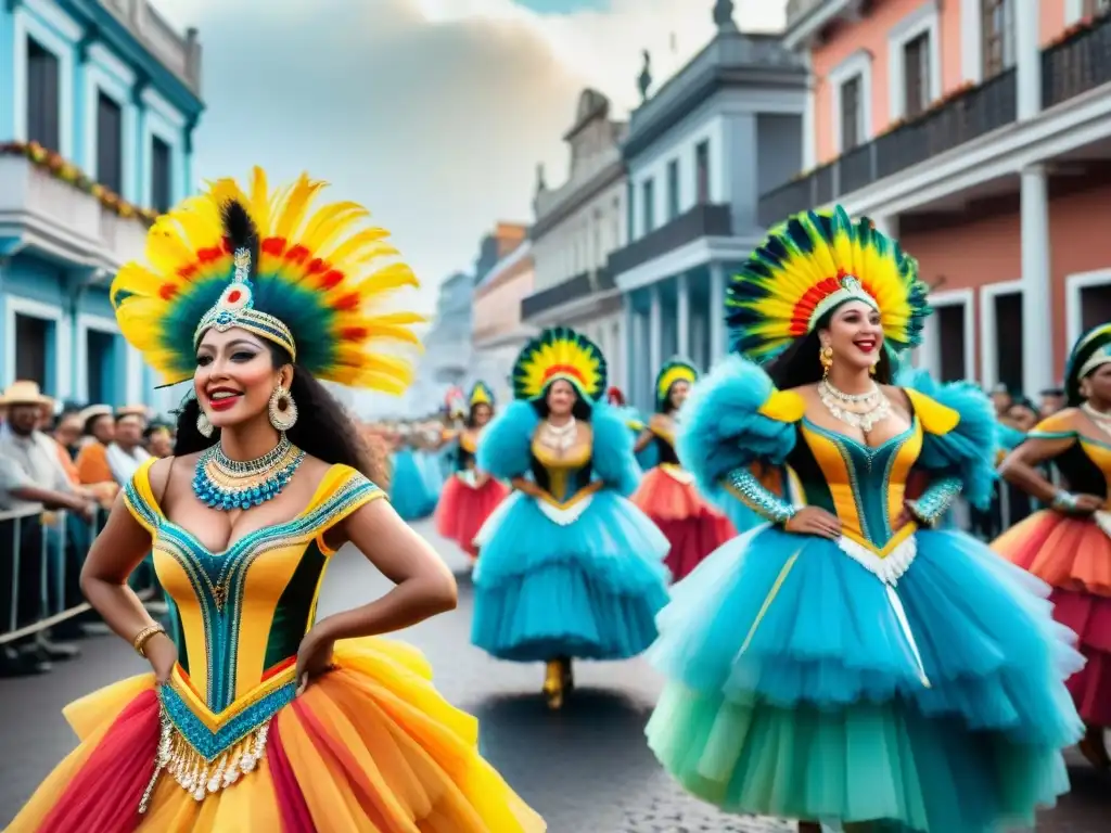 Una pintura detallada de un vibrante desfile de Carnaval en Uruguay, fusionando colores, bailes y música