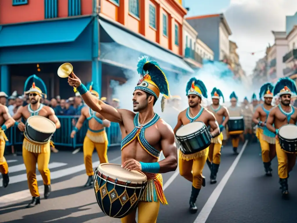 Una pintura acuarela detallada del vibrante desfile del Carnaval Uruguayo en el siglo XXI