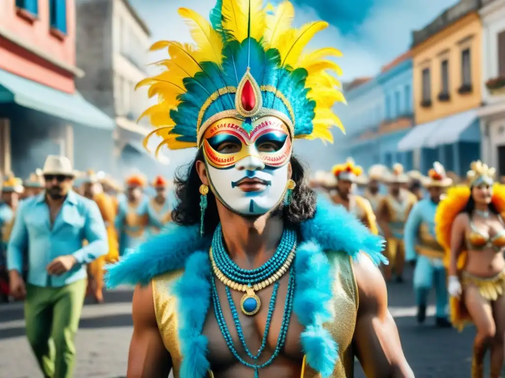 Pintura detallada del vibrante desfile de Carnaval en Uruguay, con disfraces coloridos y música alegre