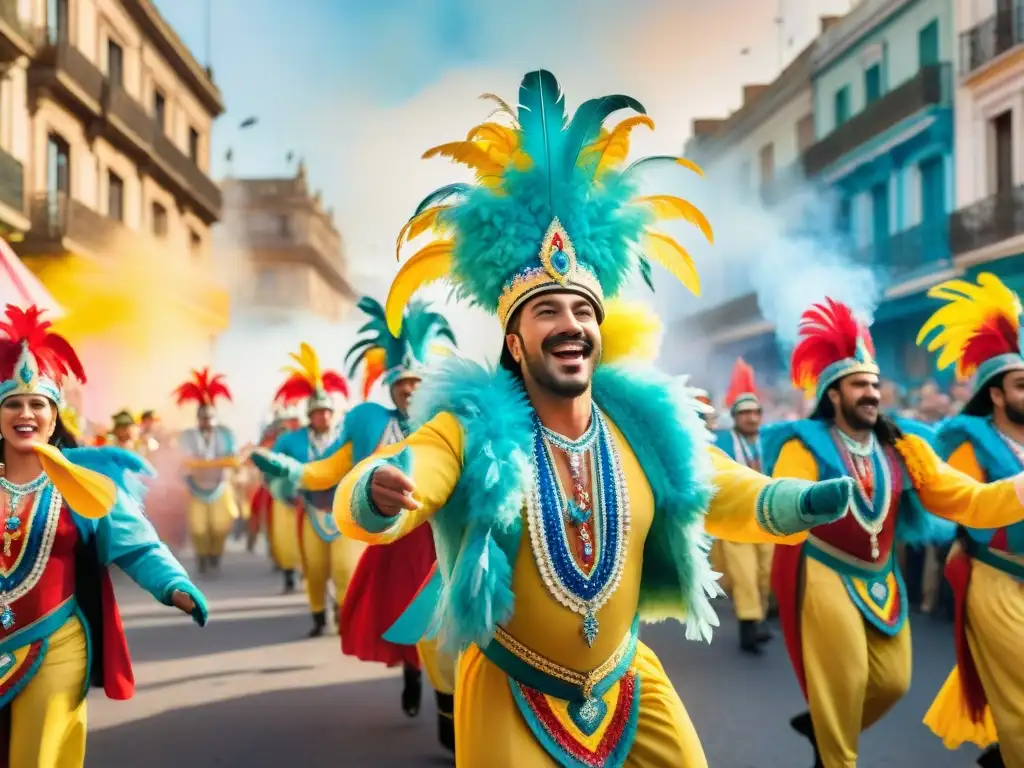 Una pintura acuarela detallada del vibrante desfile de Carnaval en Uruguay, mostrando carros alegóricos, bailarines y público emocionado