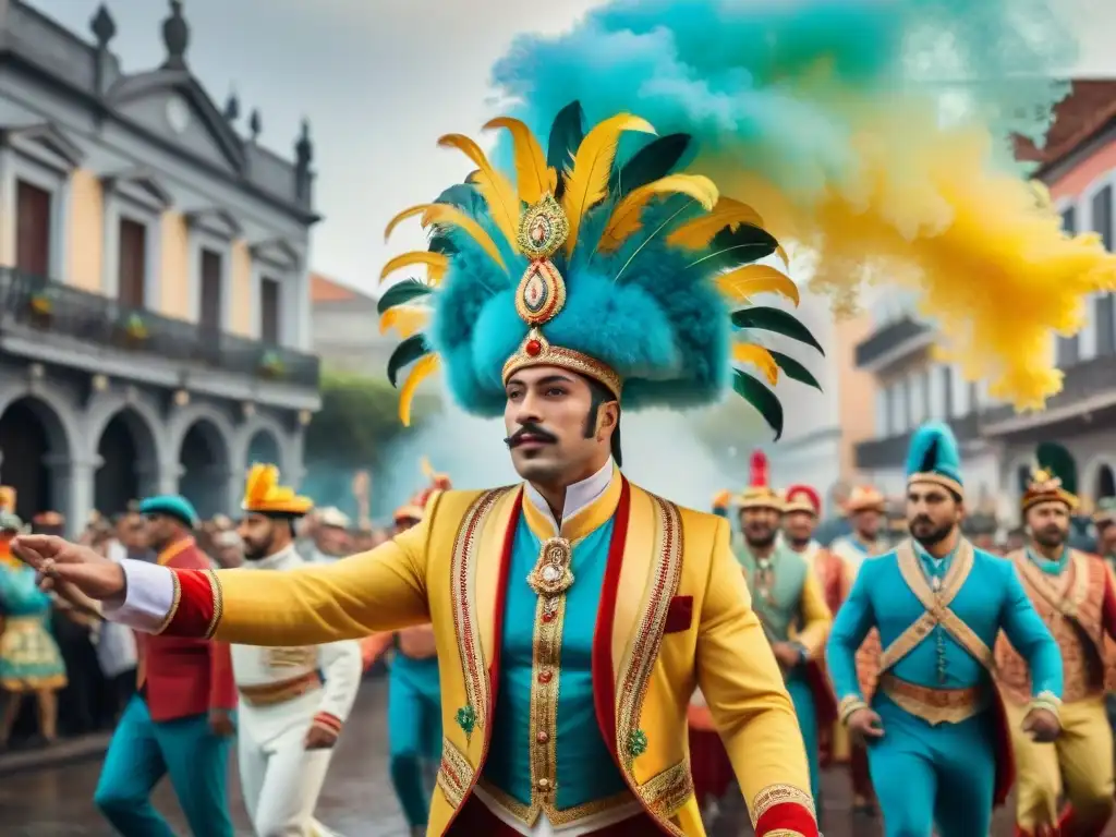 Una pintura acuarela detallada del vibrante desfile de Carnaval en Uruguay, celebrando la diversidad cultural con trajes elaborados y floats coloridos