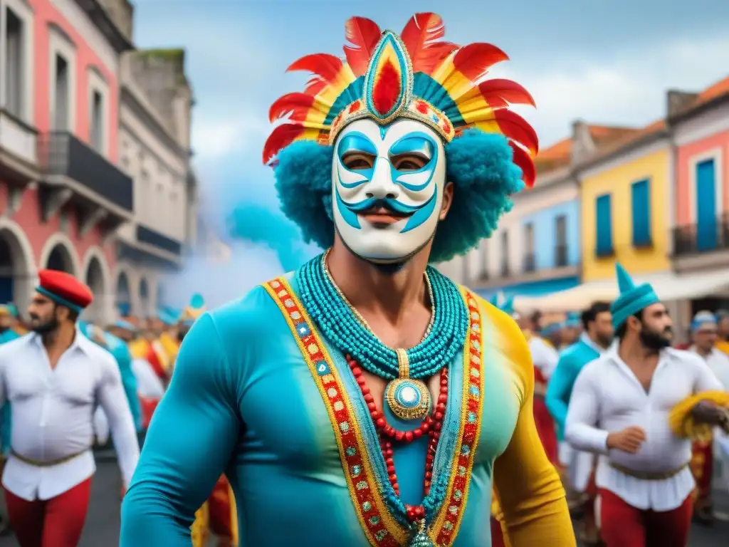 Una pintura acuarela detallada del vibrante desfile de Carnaval en Uruguay