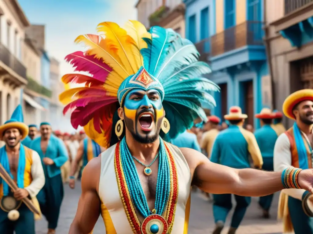 Una pintura acuarela detallada de una vibrante presentación de murga en las calles de Uruguay