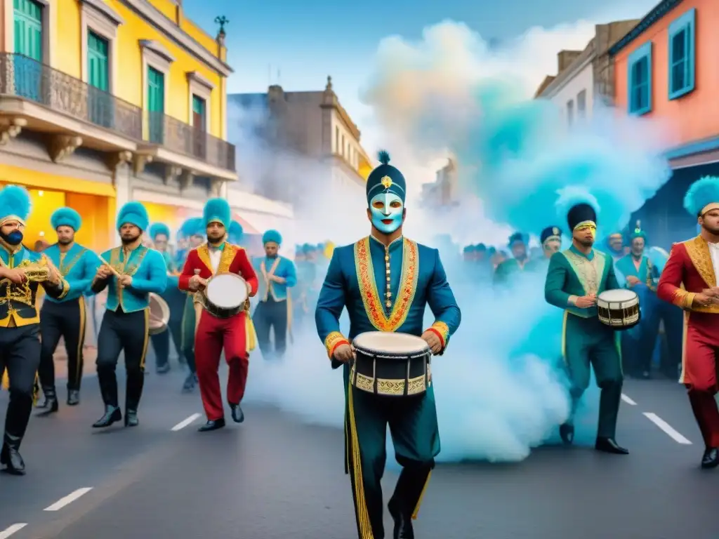 Una pintura detallada de vibrantes murales del Carnaval Uruguayo, con diseños intrincados y trajes tradicionales, capturando la esencia festiva