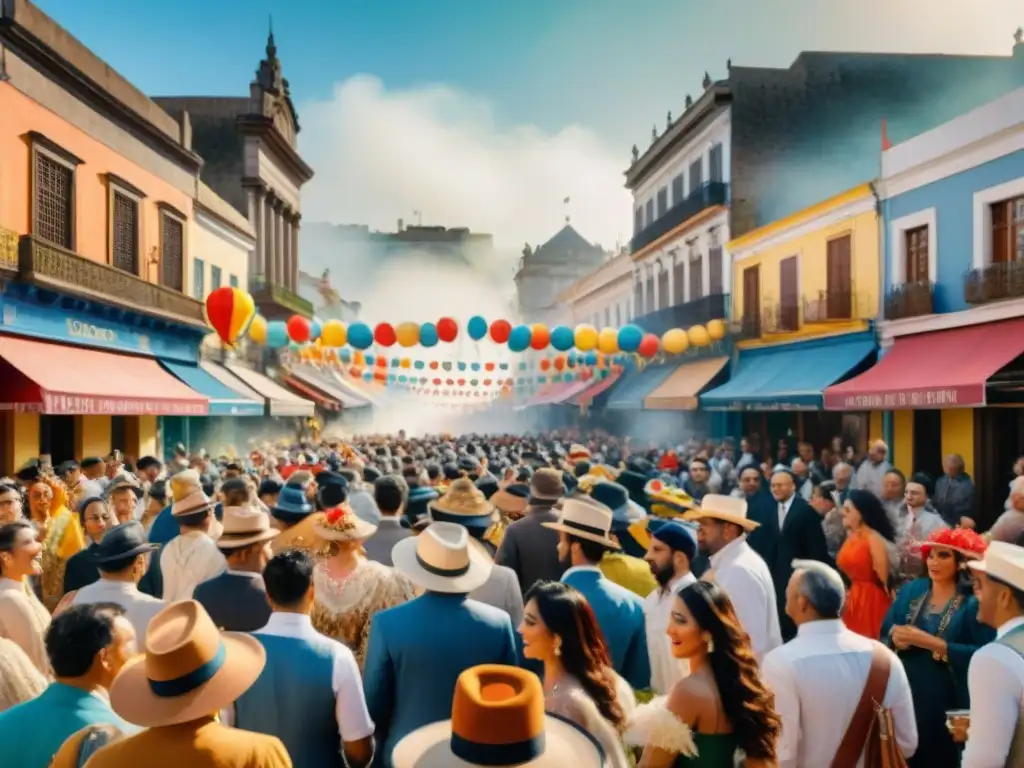 Una pintura detallada que captura la vida en el Carnaval Uruguayo, reflejando los desafíos socioeconómicos