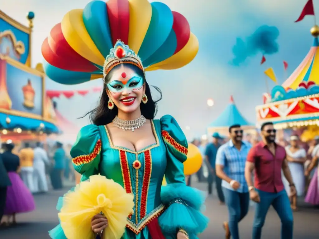 Una pintura acuarela vibrante de un animado Carnaval con carrozas, trajes coloridos y personas celebrando juntas