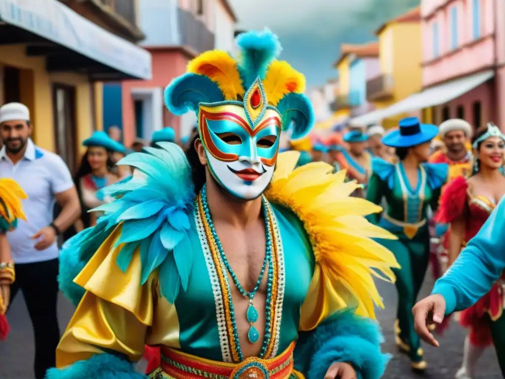 Una pintura acuarela vibrante de bailarines en el Carnaval Uruguayo, con colores y alegría