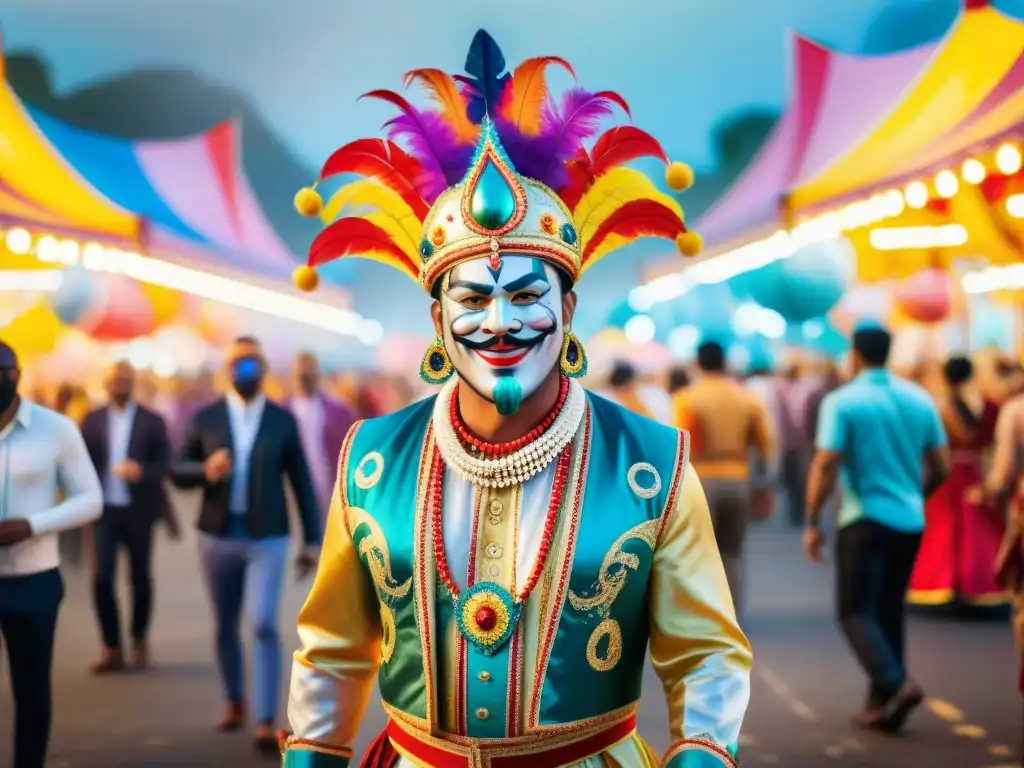 Una pintura acuarela vibrante de un bullicioso desfile de carnaval, con floats coloridos y bailarines en trajes elaborados