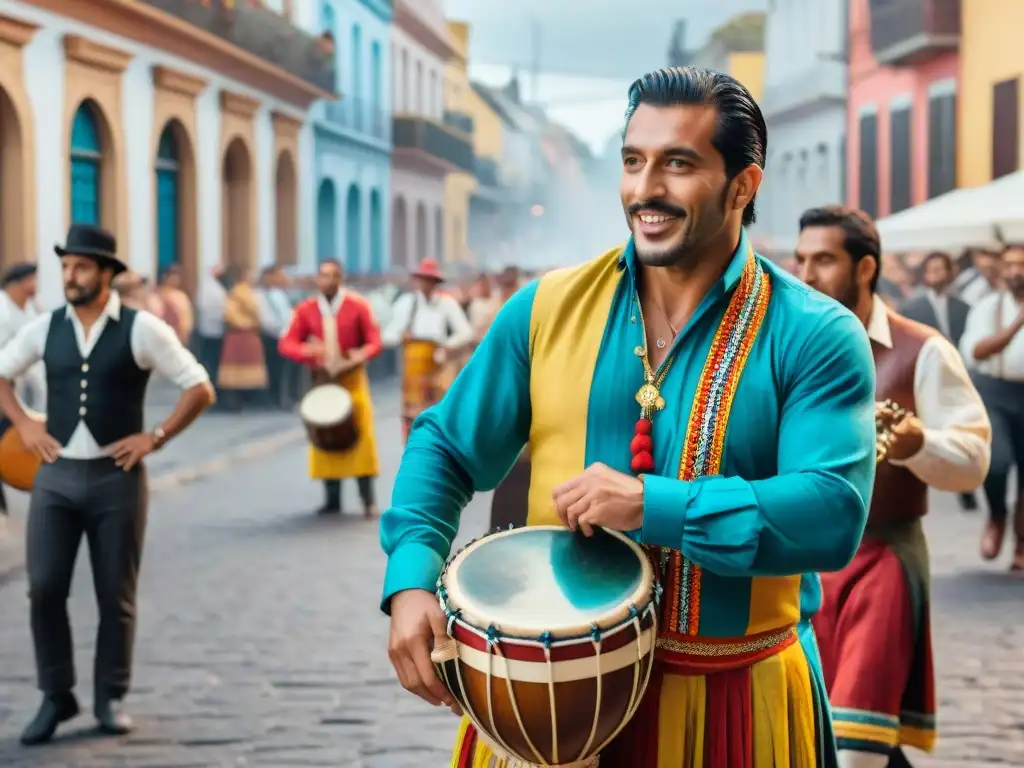 Una pintura acuarela vibrante de una calle bulliciosa en Uruguay, llena de coloridos y detallados artistas de murga en trajes tradicionales, cantando y tocando apasionadamente