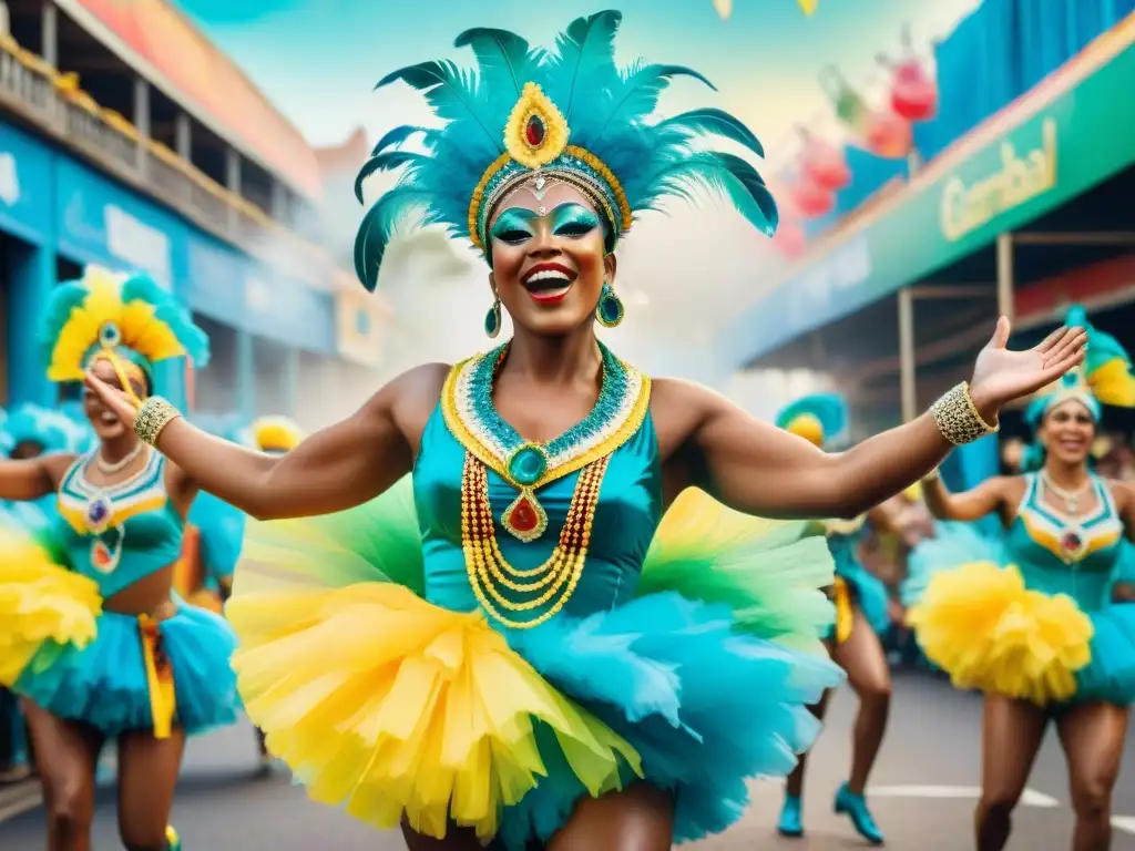 Una pintura acuarela vibrante del Carnaval de Brasil con desfile colorido y energético, influencia del Carnaval de Brasil