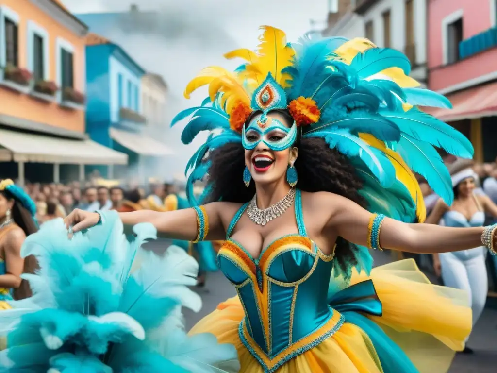 Una pintura acuarela vibrante del Carnaval en Uruguay, con desfiles coloridos, bailarines y espectadores