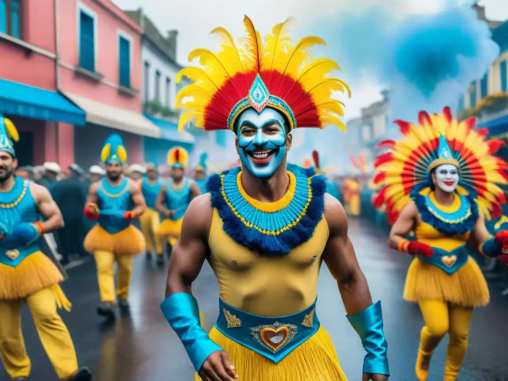 Una pintura acuarela vibrante del Carnaval en Uruguay, con desfiles, trajes coloridos y bailarines alegres al ritmo de la música tradicional