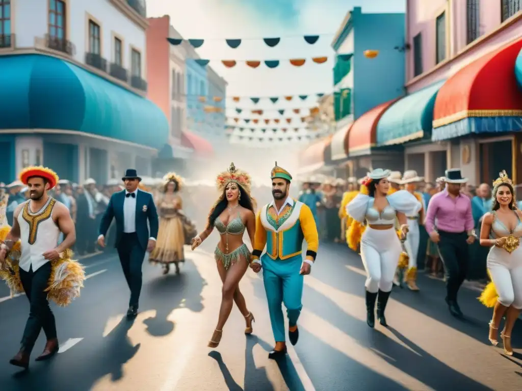 Una pintura acuarela vibrante del Carnaval en Uruguay, con desfiles coloridos y danzarines en trajes elaborados