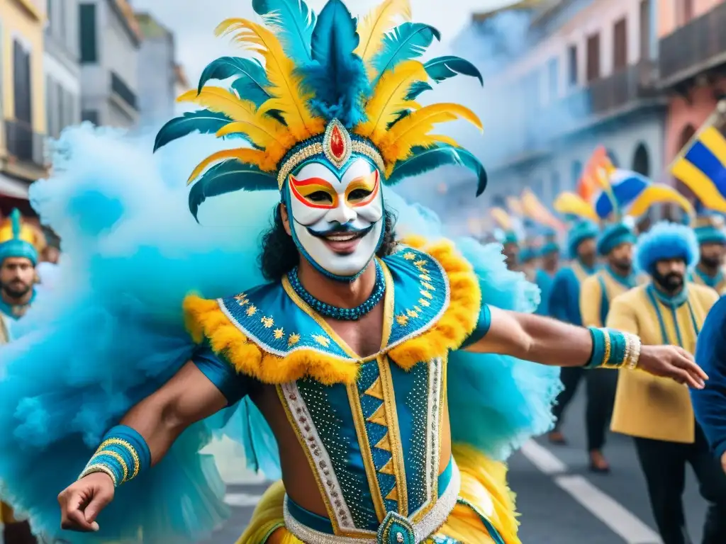 Pintura acuarela vibrante del Carnaval en Uruguay Una pintura acuarela vibrante del Carnaval en Uruguay, con trajes coloridos, máscaras intrincadas y bailarines energéticos