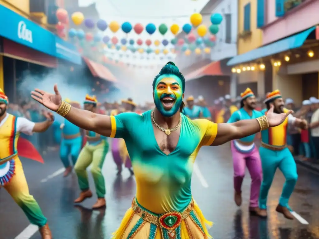 Una pintura acuarela vibrante del Carnaval Uruguayo con bailarines y confeti