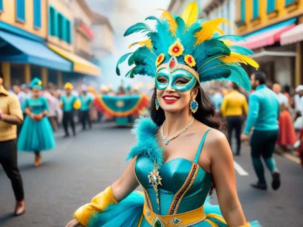 Pintura acuarela vibrante del Carnaval Uruguayo con desfiles coloridos y espectadores emocionados