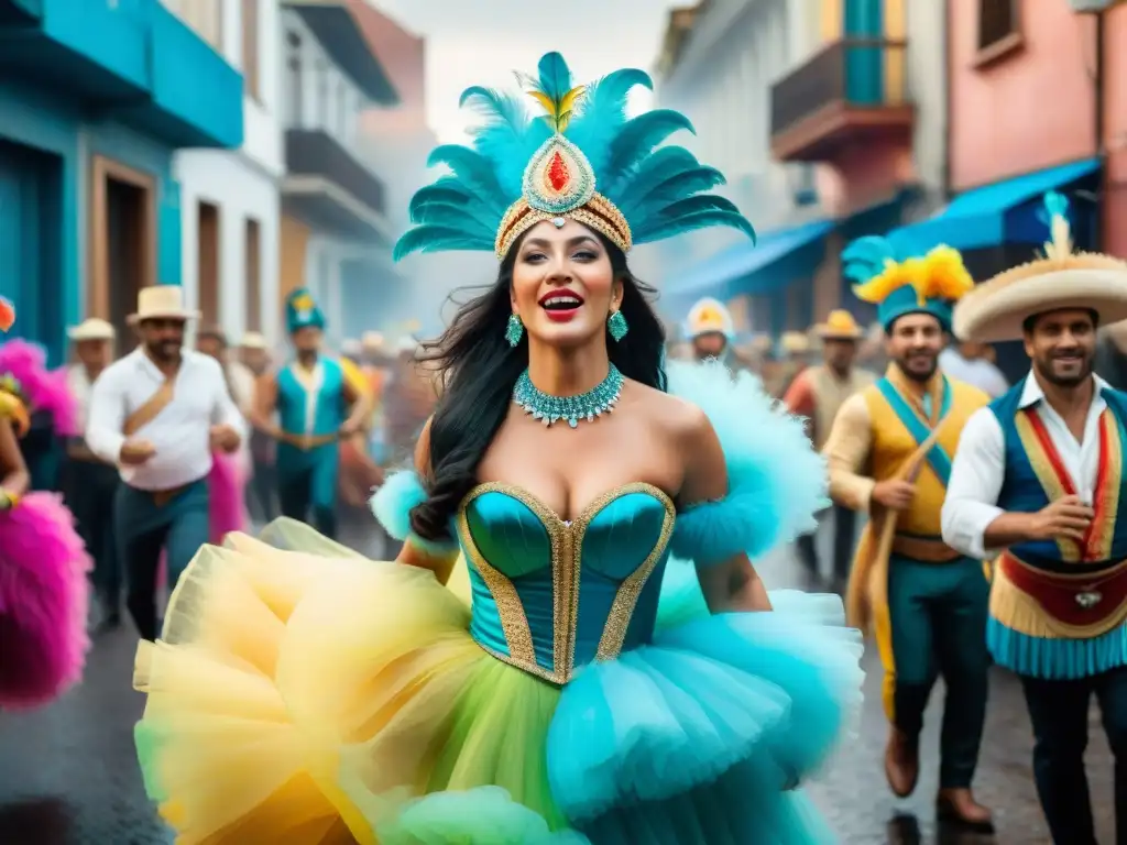 Pintura acuarela vibrante de comparsas en Carnaval Uruguayo, reflejando la historia y energía festiva