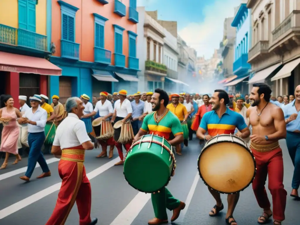 Una pintura acuarela vibrante de un desfile de Candombe en Montevideo, Uruguay, reflejando la celebración comunitaria y la diversidad cultural