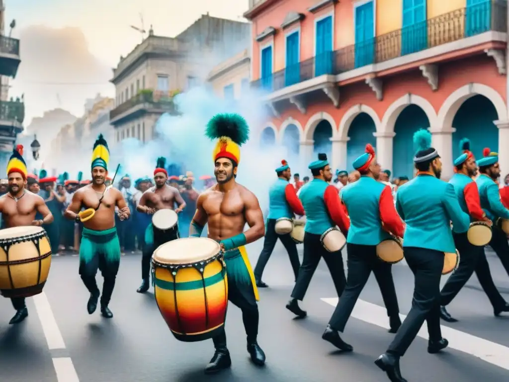 Pintura acuarela de un vibrante desfile de Candombe en Montevideo, Uruguay, con tambores, danzas y edificios coloniales al fondo