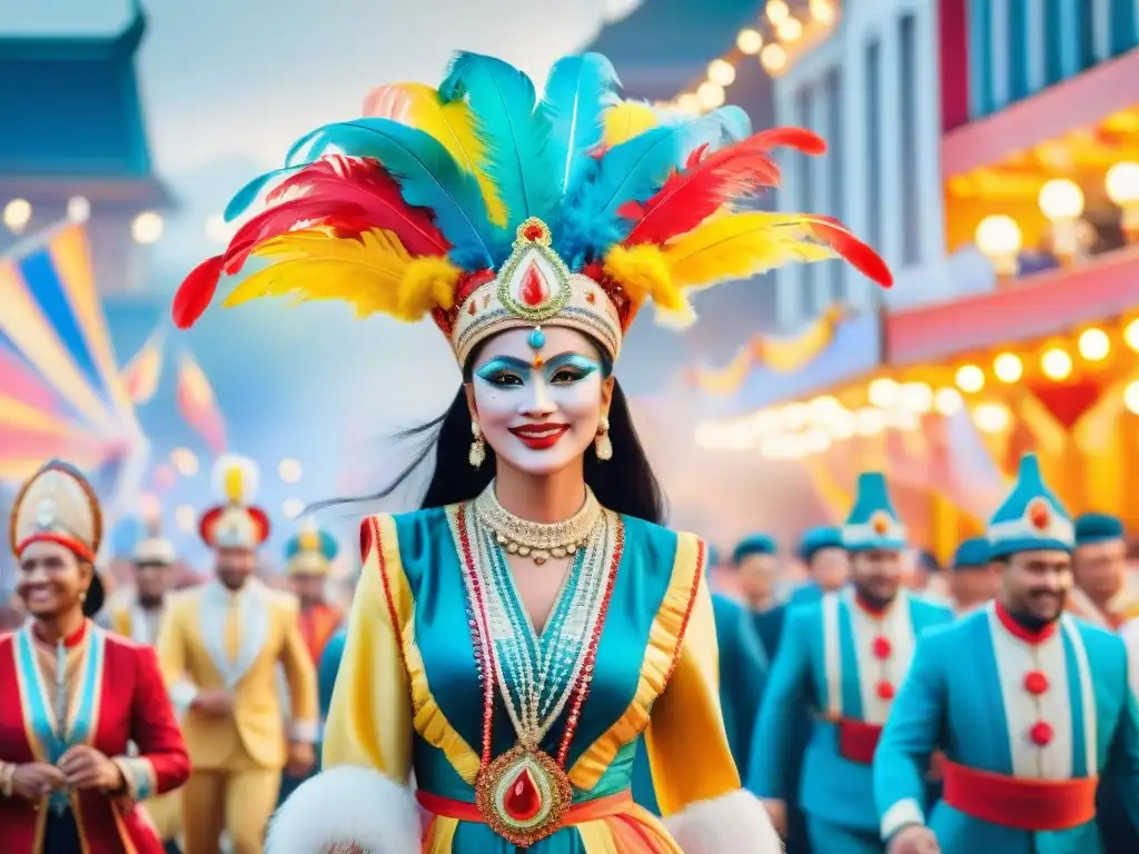 Una pintura acuarela vibrante de un desfile colorido durante un carnaval con influencias internacionales en los elaborados trajes de los participantes