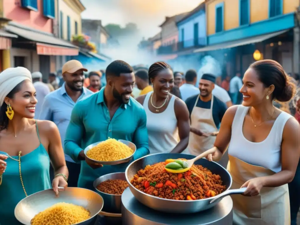 Pintura acuarela vibrante de escena callejera en Carnaval Uruguay, con influencia africana en cocina y cultura