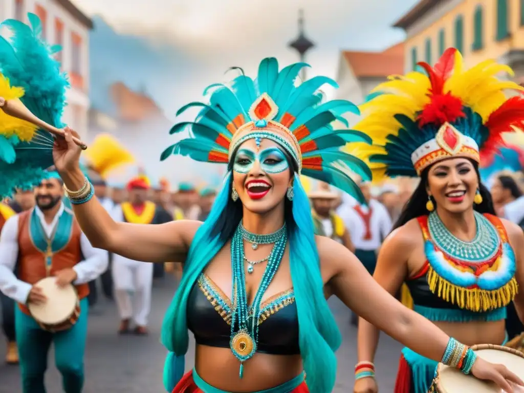 Una pintura acuarela vibrante de inmigrantes en el Carnaval Uruguayo, celebrando con alegría y diversidad cultural