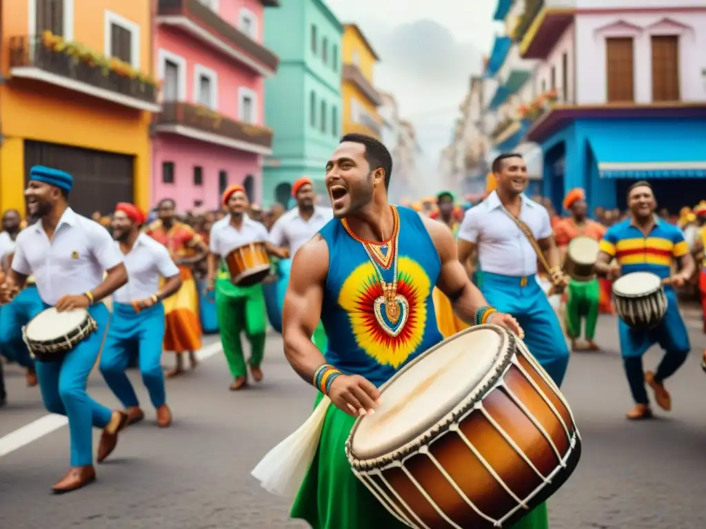 Una pintura acuarela vibrante de músicos diversos tocando tambores Candombe en desfile callejero