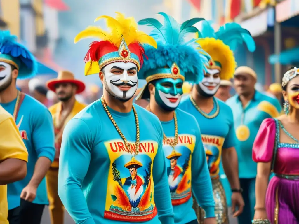 Una pintura acuarela vibrante de Productos icónicos del Carnaval Uruguayo: camisetas, gorras y máscaras coloridas y festivas