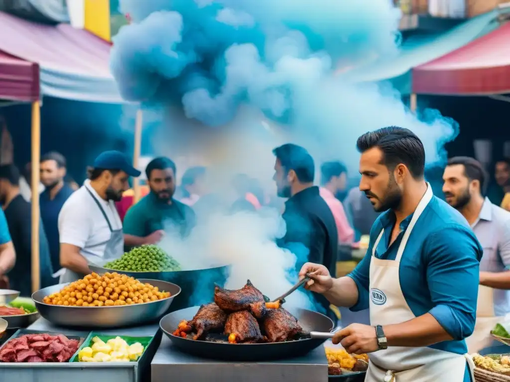 Platos tradicionales del Carnaval Uruguayo cobran vida en colorida ilustración acuarela de mercado callejero bullicioso