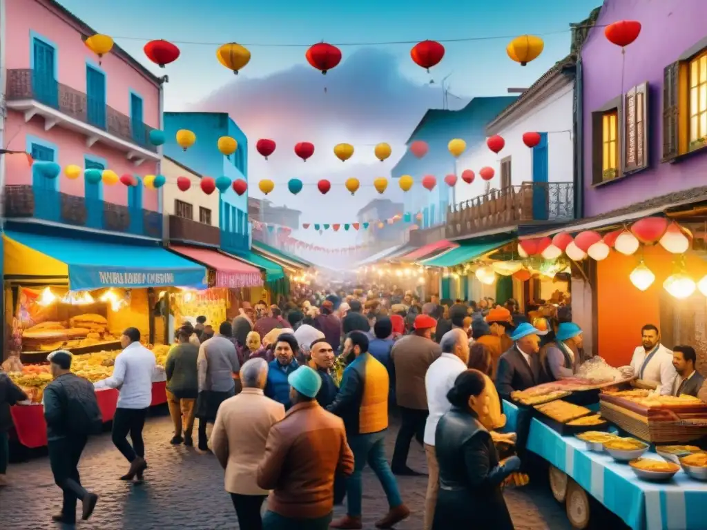 Platos tradicionales Carnaval Uruguayo: Colorida ilustración acuarela de bulliciosa calle con puestos y personas bailando