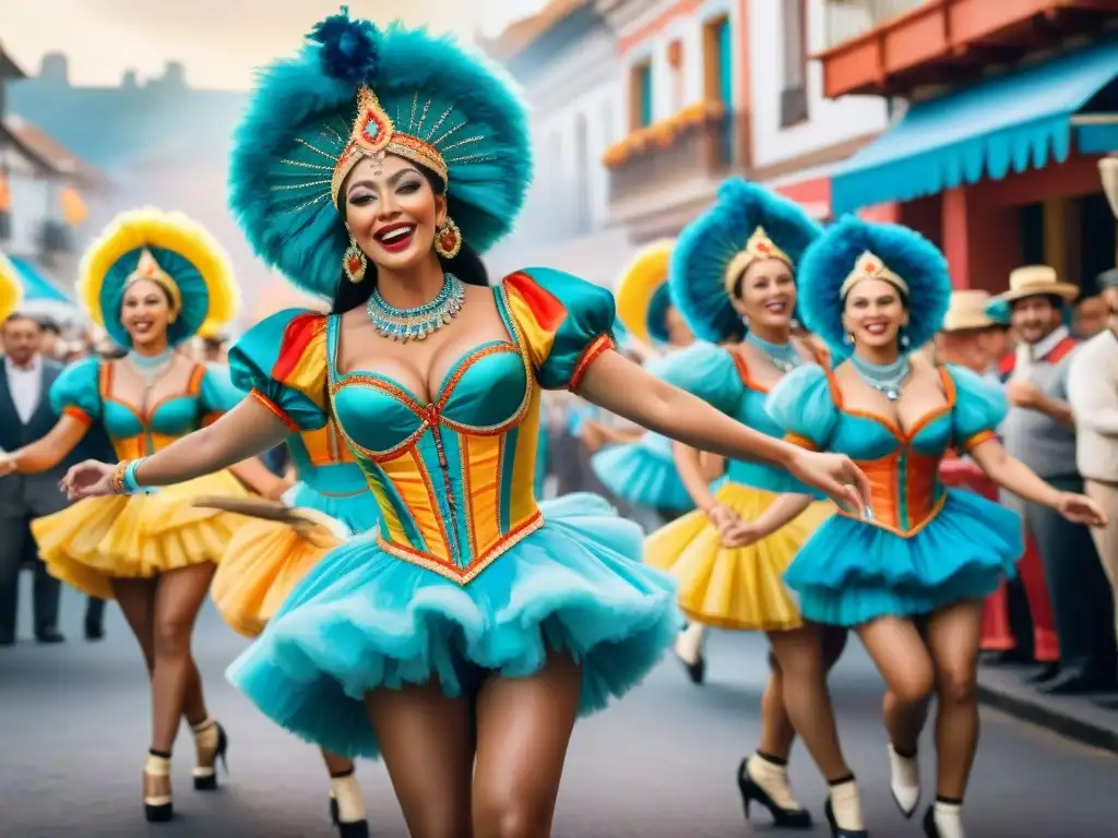 Podcasts historias Carnaval Uruguayo: Grupo de coloridos bailarines de carnaval en trajes tradicionales, danzando con energía y emoción