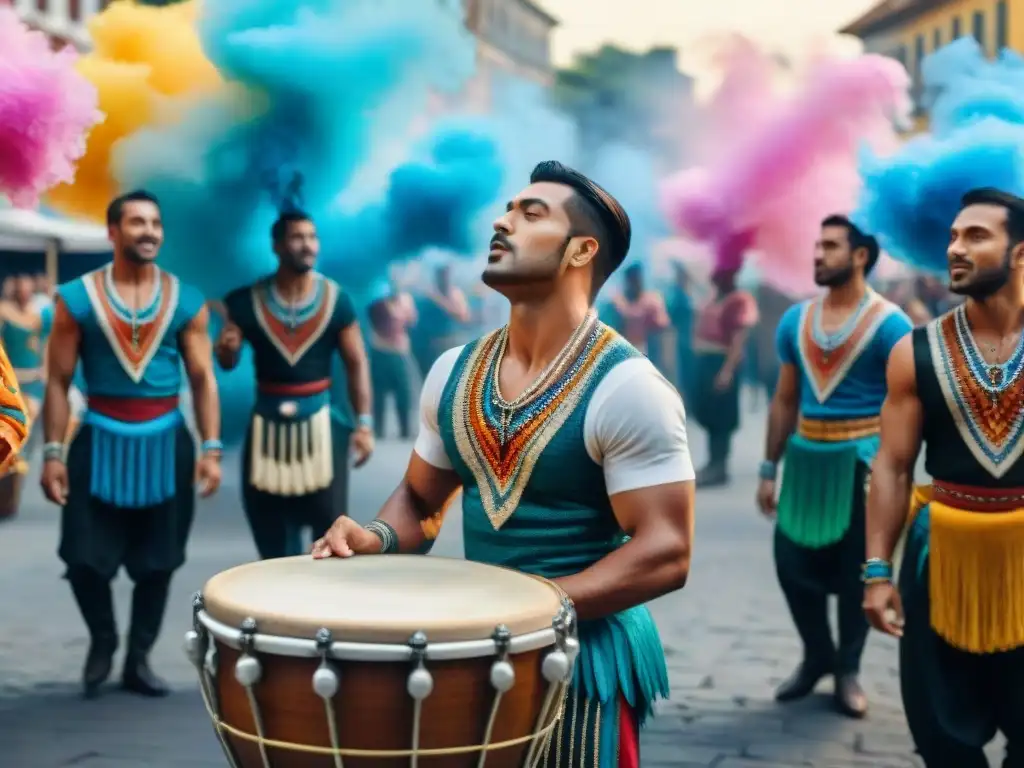 Preparación de actos de murgas en vibrante festival callejero uruguayo