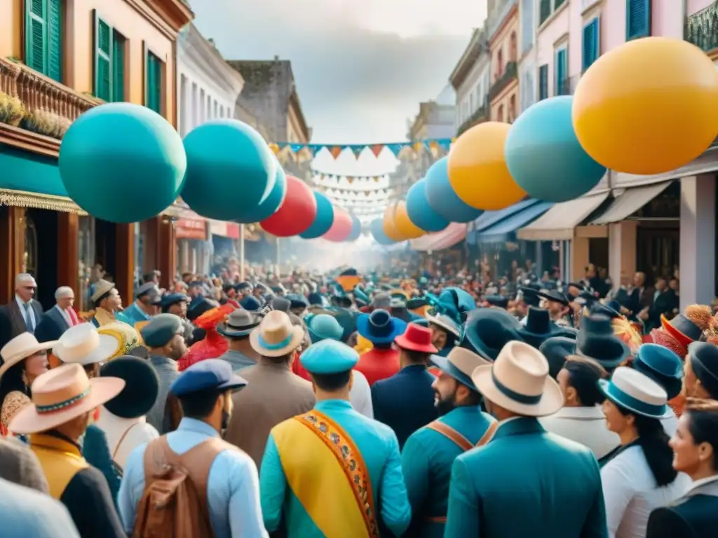 Preparación del Carnaval Uruguayo: Detallada ilustración acuarela de una bulliciosa calle uruguaya con coloridos desfiles y espectadores animados