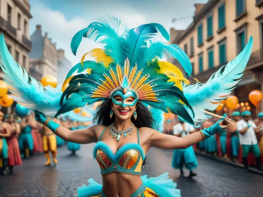 Preparación de disfraces para Carnaval: Desfile colorido con carrozas, música, baile y espectadores felices en las calles de Uruguay