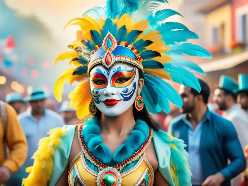 Preparación de disfraces para Carnaval: Detallada pintura acuarela de vibrantes trajes tradicionales y alegre escena de carnaval en Uruguay