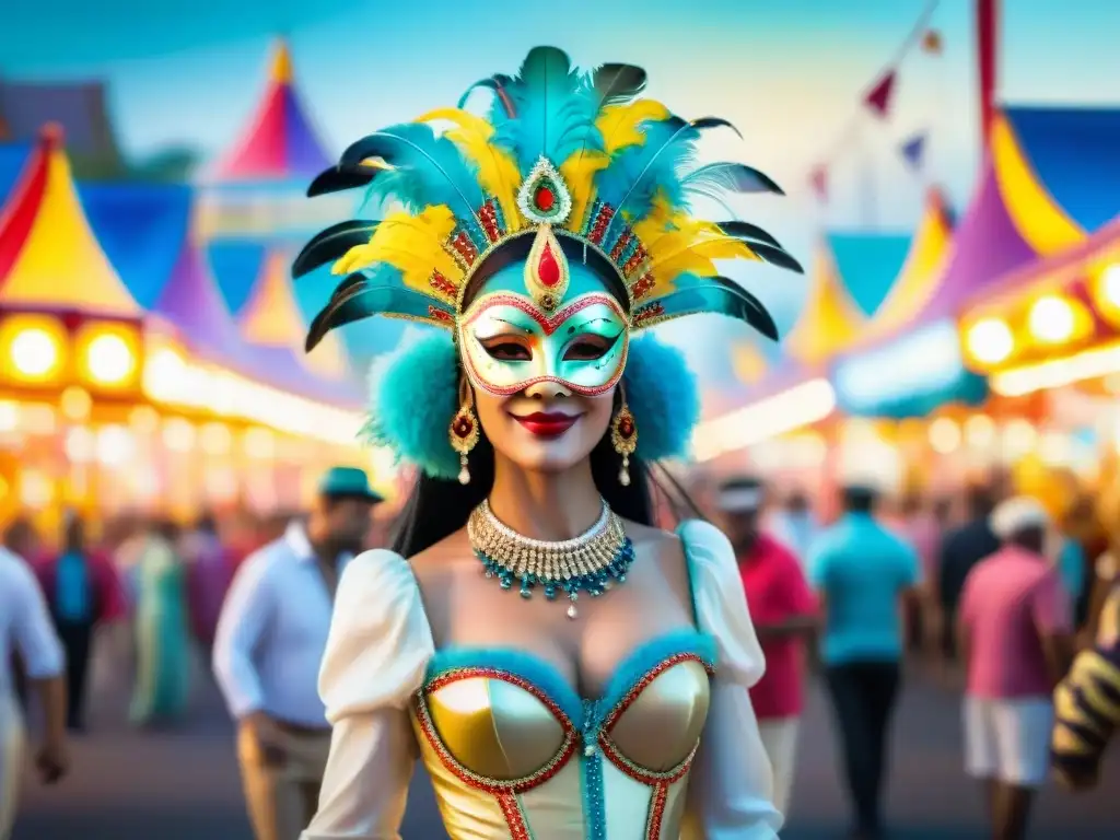 Preparación de disfraces para Carnaval: Escena vibrante de un bullicioso carnaval con vistosos trajes y accesorios coloridos