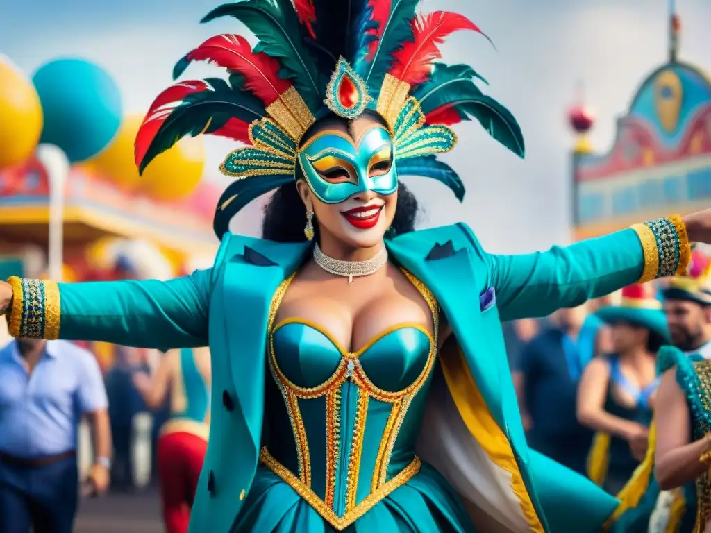 Preparación de show carnavalero: Bailarines en trajes y máscaras coloridas danzan alegremente en una carroza rodeada de espectadores emocionados