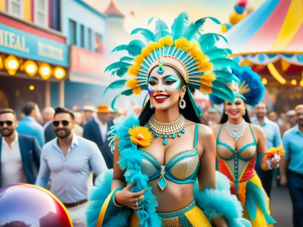 Preparación de show carnavalero: Una escena vibrante de carnaval con bailarines y carrozas coloridas