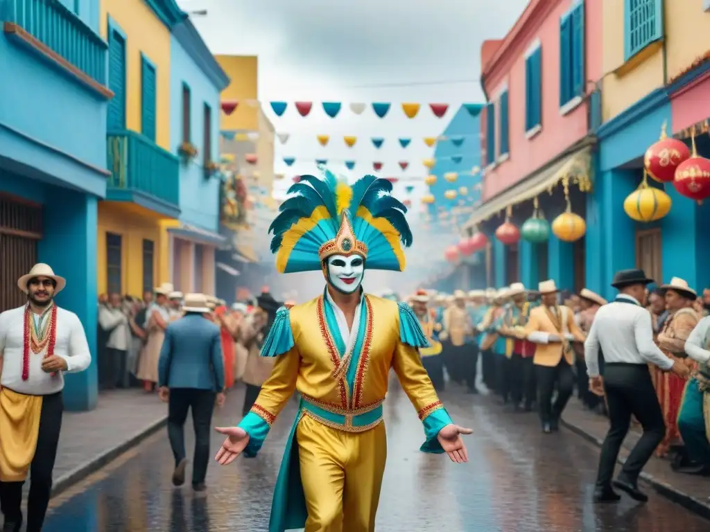 Preparativos Carnaval Uruguayo en fotos: Pintura acuarela vibrante de calle festiva con música, colores y alegría