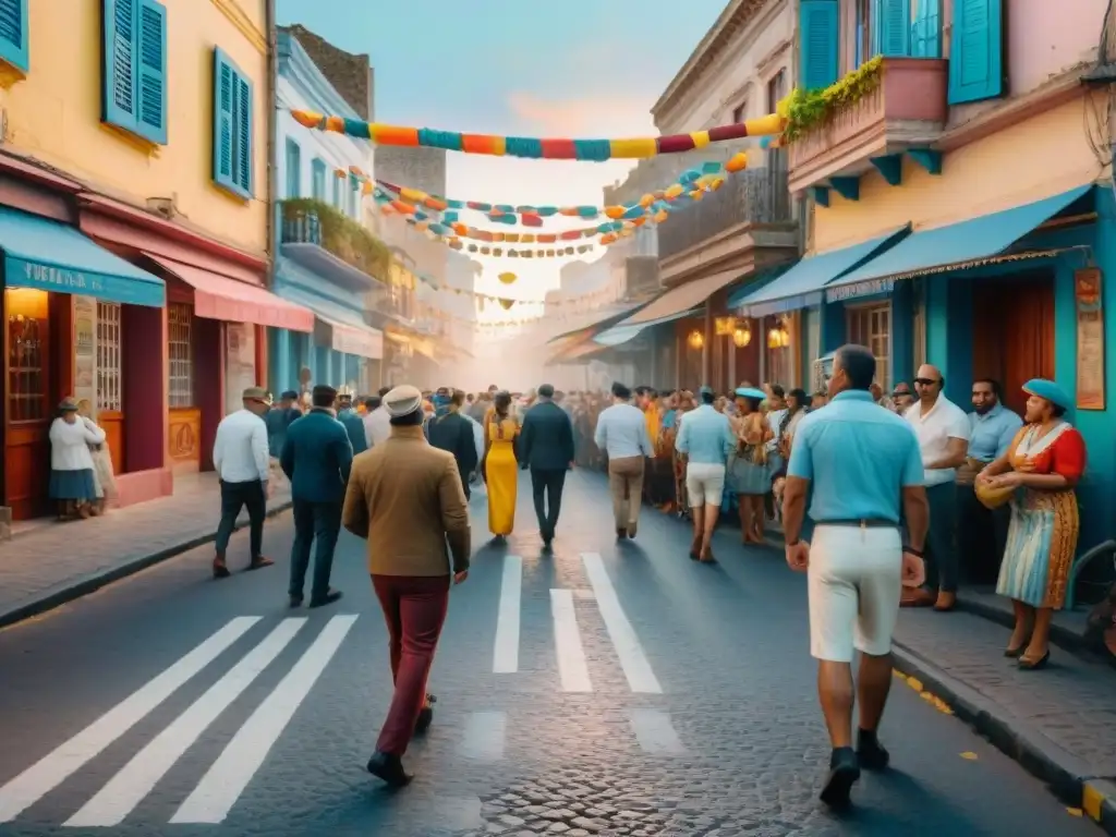 Preparativos para el Carnaval Uruguayo en la noche: calles llenas de color, música y celebración