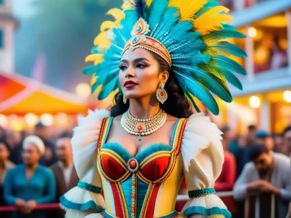 La primera vedette afrouruguaya en Carnaval deslumbrando con su traje de plumas y cuentas, rodeada de una multitud entusiasta