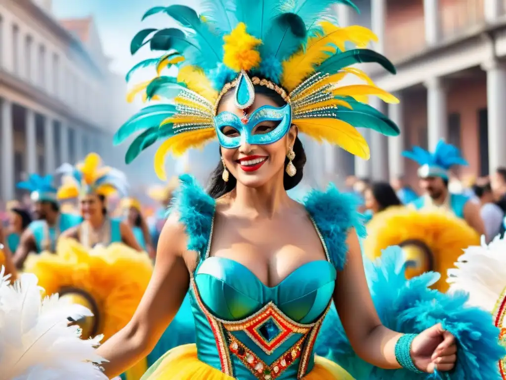 Productos icónicos del Carnaval Uruguayo: trajes coloridos, máscaras y danzas festivas en acuarela