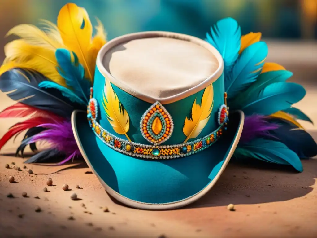 Productos icónicos del Carnaval Uruguayo: Detallados sombreros festivos con plumas, lentejuelas y bordados, reflejando la rica tradición del Carnaval