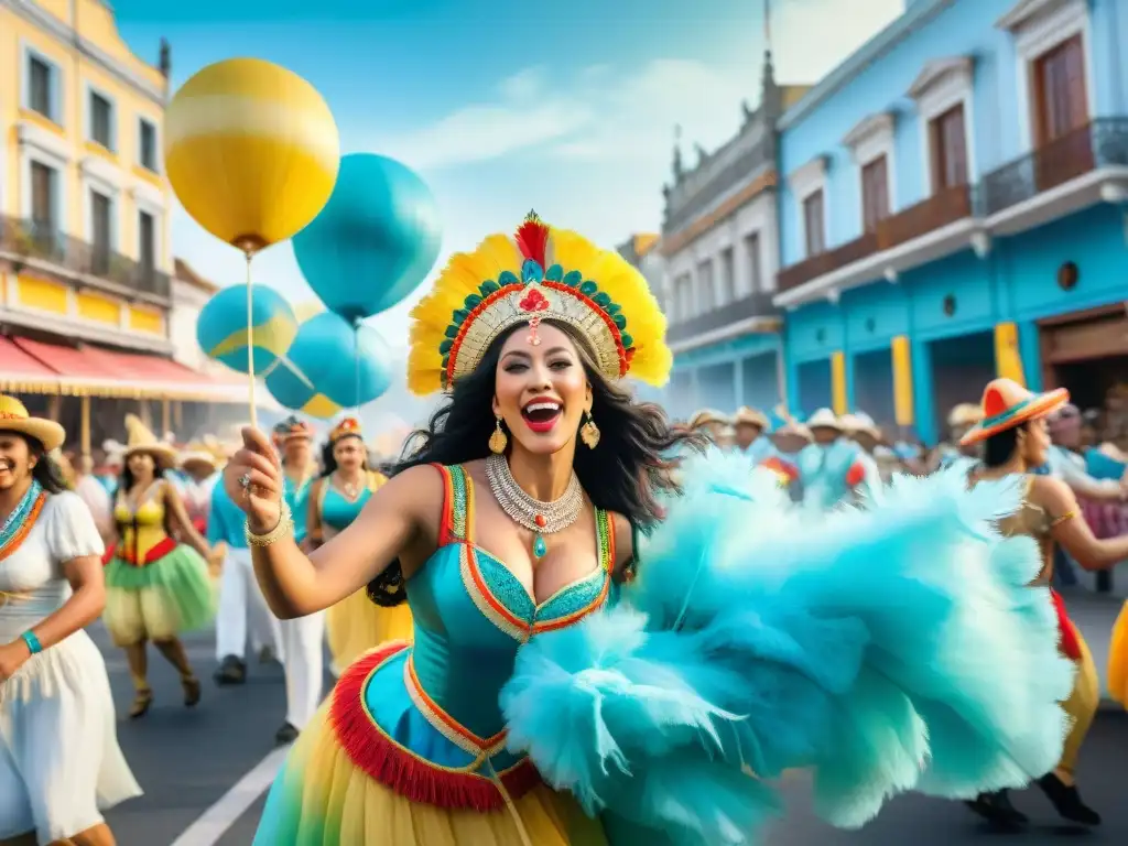 Disfruta de las promociones en hoteles durante el Carnaval en Uruguay con esta colorida ilustración de una vibrante escena de carnaval