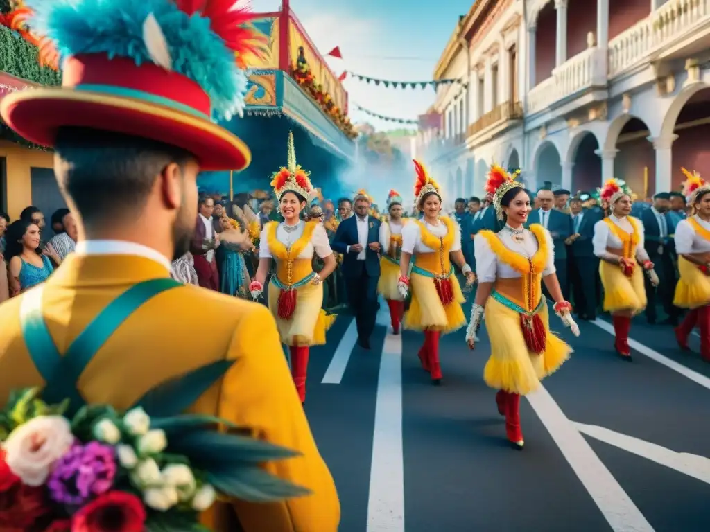 Realidad aumentada Carnaval Uruguayo: Desfile vibrante con carrozas, bailarines y espectadores en festiva celebración bajo el sol