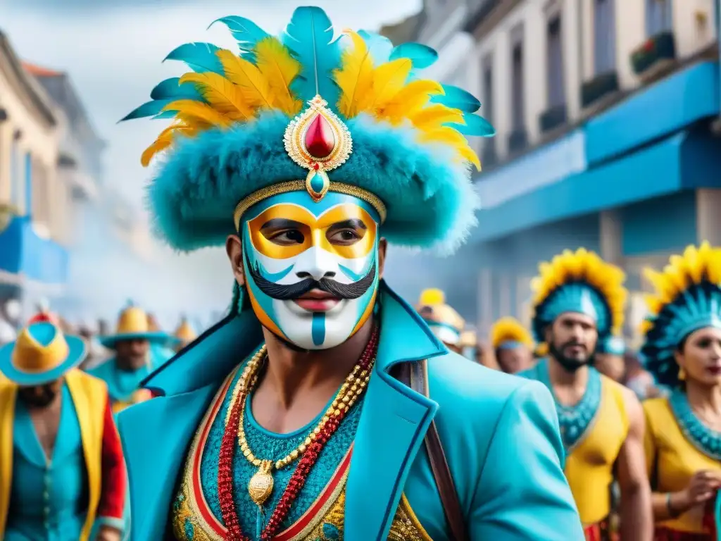 Realidad aumentada: Desfile vibrante de Carnaval en Uruguay, con trajes elaborados y multitudes animadas