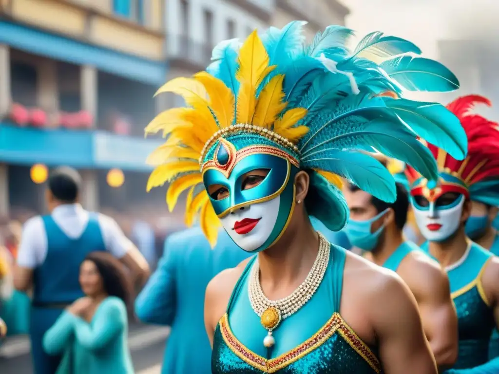 Realidad virtual en Carnaval Uruguayo: Colorida pintura acuarela de un vibrante desfile con trajes y danzas tradicionales