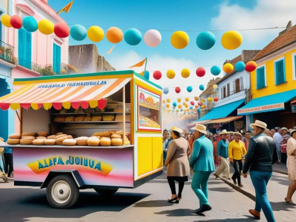 Receta alfajores carnaval Uruguayo: Escena vibrante de carnaval en Uruguay con gente disfrutando alfajores bajo confeti y streamers coloridos